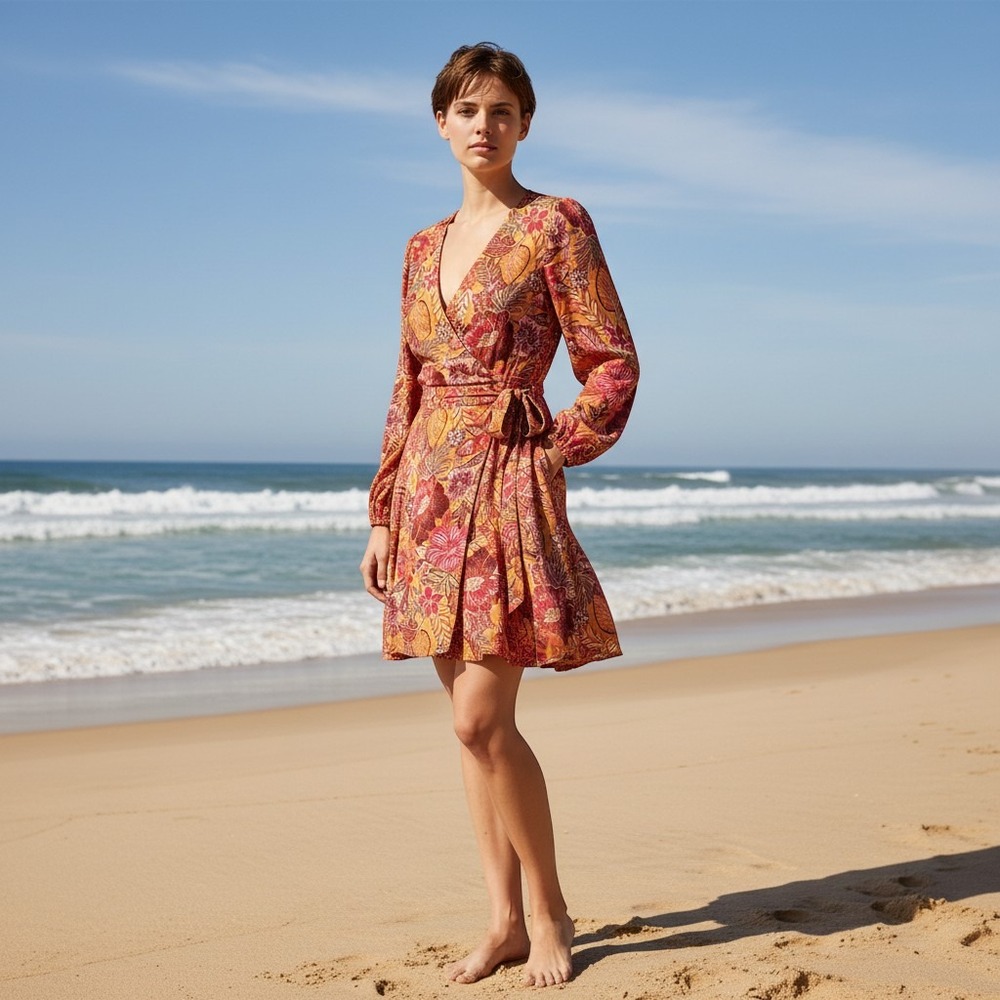 Flying Tomato Wrap Dress Womens L Orange Floral Boho Paisley Long Sleeve Mini